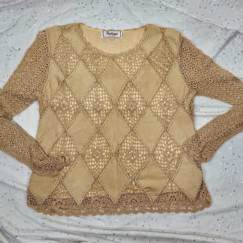 Vintage 90s Feelings Crochet and Ultra Suede Top Boho Cottagecore Long Sleeve